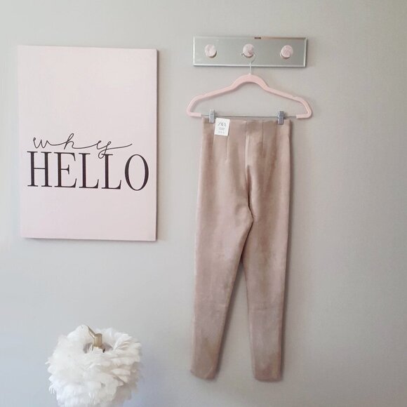 NWT Zara camel light brown faux suede high rise leggings w/ zipper accents, XS - Picture 8 of 12